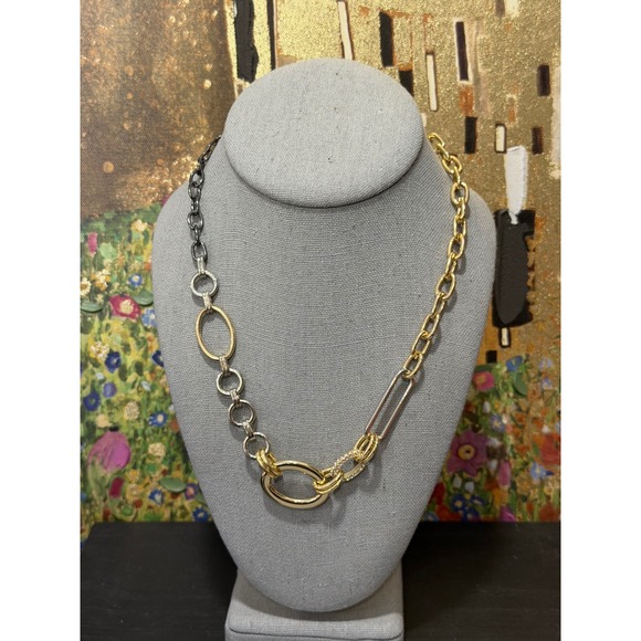 Unbranded Jewelry - Graziano Mixed Metal Link Necklace Gold Tone Silver Tone Gunmetal Pave Accents